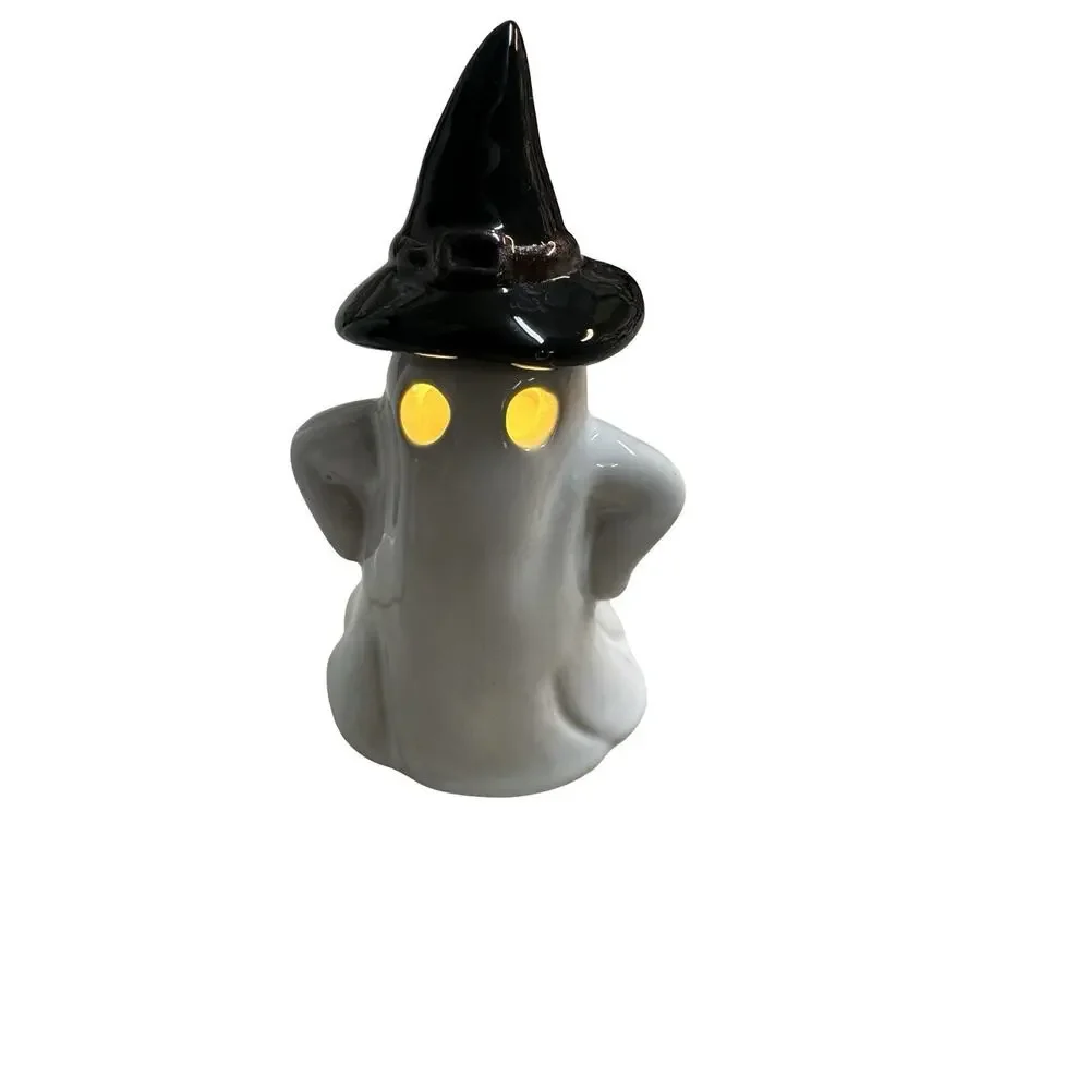 Set of 3 Halloween Ceramic Ghost Witch Hat Light Up Glowing Eyes Figurines